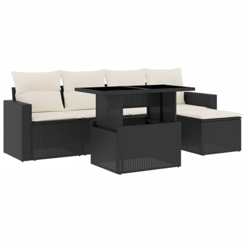 vidaXL Garten Sofa Garnitur 6-TLG., Gartenmöbel Set mit Kissen Modular, Lounge Sitzgruppe für Garten Terrasse, Gartentisch Verstellbare Tischplatte, Schwarz Poly Rattan