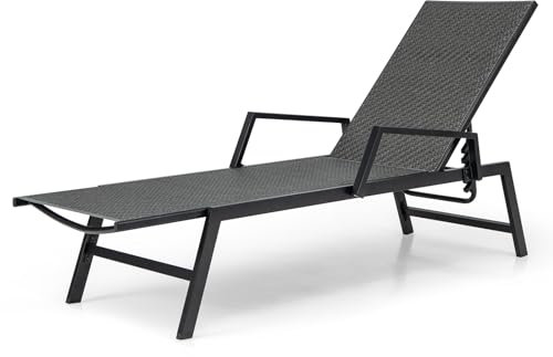 COSTWAY Tumbonas Jardin Exterior de Ratán, Tumbonas Liquidación con Reposabrazos y Respaldo de 5 Posiciones, Marco de Metal, Carga 150 kg, Tumbona Reclinable Piscina Playa