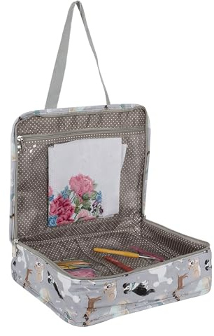 Hobby Gift Large Knitting Bag Project Case - Sewing & Crochet Bag Organiser for Classes & Travel, Craft Bags with Compartments for Storage & Organising, 100% Cotton - 34 x 28 x 12cm, Grey Dogs