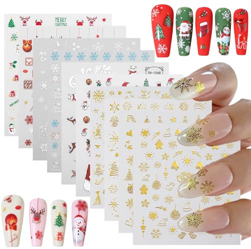 Christmas Nail Stickers, 10 Sheets 3D Christmas Nail Art Stickers Snowflake Reindeer Snowman Santa Claus Xmas Tree Self Adhesive Nail Decals Nail Art Design Decoration Accessories (Gold+Multi-colored)