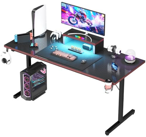 Devoko Bureau Gaming LED 160cm Bureau Gamer avec Support d'Écran, Porte-Gobelet et Crochet pour Casque, Design en Fibre de Carbone, Bureau d'Ordinateur pour Bureau ou Chambre