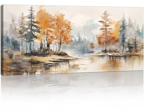 FajerminArt Großes Leinwandbilder Bilder Mit Rahmen, Modern Wälder am See Aquarell bild auf leinwand Wandkunst Orange Waldlandschaft Wandbilder XXL Kunstdruck Deko für Wohnzimmer Schlafzimmer 120x50cm
