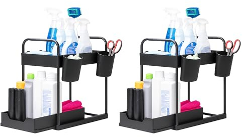 Innoteck Under Sink Organiser with 4 Hooks and 2 Cups – Stylish Black 2-Tier Storage Solution with Slide-Out Design for Kitchen and Bathroom, Dimensions H40xL39xD30cm (Pack of 2)