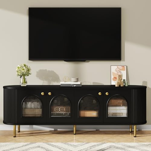 KOMHTOM Meuble télé Noir/Blanc Meuble de Rangement avec 4 Portes en Verre, Buffet Salon avec poignées et Pieds dorés (Noir)