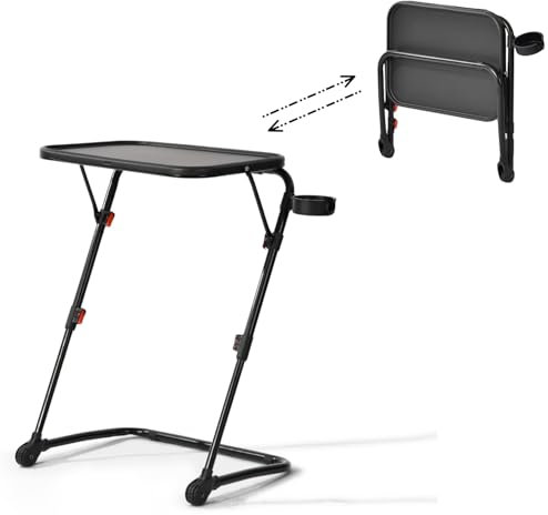 HOMYLIN Folding Table with Adjustable Height & Angle, Foldable Laptop Table with Cup Holder, No Assembly Required, 49x35.5x71.5CM, Black
