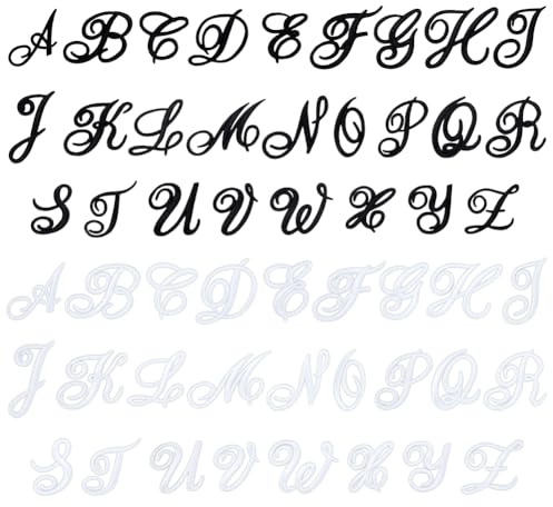 PH PandaHall 52pcs Script Letter Patches, A-Z Letter Patches Iron on Alphabet Cursive Letters Black White Sew on Embroidered Applique Patch for Customization Clothing Repair Denim Jacket Hat Shoes Bag