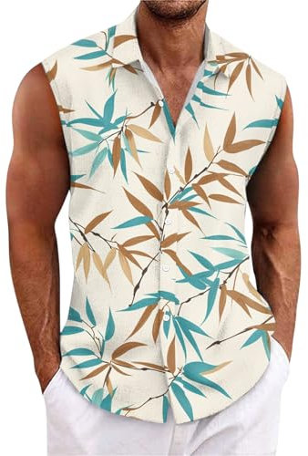 Générique Debardeur Homme Annee 80 Hawaienne Chemise A Fleur Summer Tanktop Plage Chemisette Infroissable sans Manche Surchemise Imprimé Plantes Palmiers Costume Carnaval for Man XL