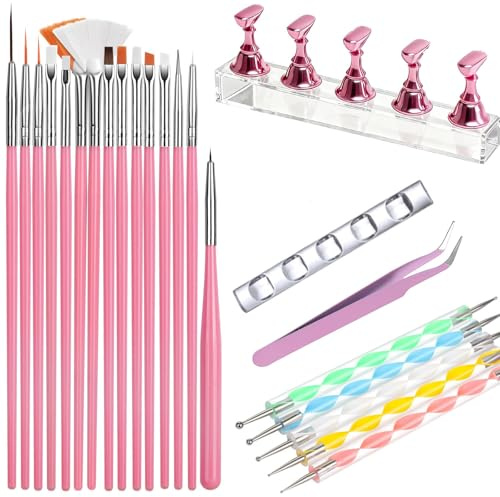 Kit de nail art avec 23 pièces : 5 pinceaux à double face à pointiller, support pour ongles artificiels, 15 pinceaux de nail art, 1 stylo de gravure en silicone acrylique bicolore