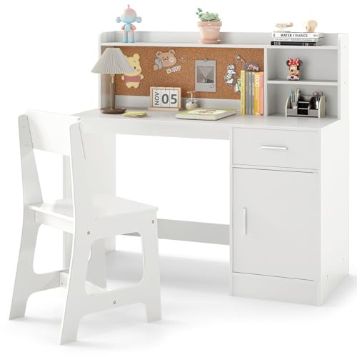 COSTWAY Kids Desk and Chair Set, Wooden Children School Study Table with Drawer, Bulletin Board, Hutch, Storage Shelves, Student Writing Desks for Reading Crafting (White)