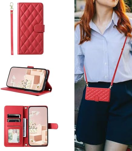 ESONG Portefeuille Coque pour Samsung Galaxy A26 5G/A16 4G 5G/A17 avec Cordon,Etui en Cuir PU Flip Folio Housse,Crossbody Case pour Fille avec Magnétique,béquille,Fentes de Cartes Rouge