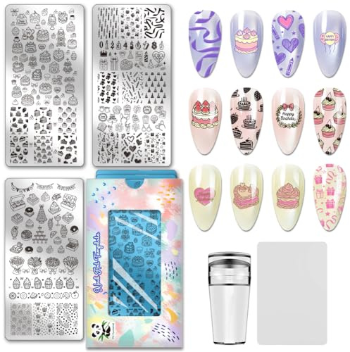 PH PandaHall 3pcs Birthday Party Nail Stamping Plate Cake Dessert Nail Art Templates Candle Bouquet Nails Image Plates Heart Gift Nails Art Stencils for Women Party Manicures Salon Design Printing