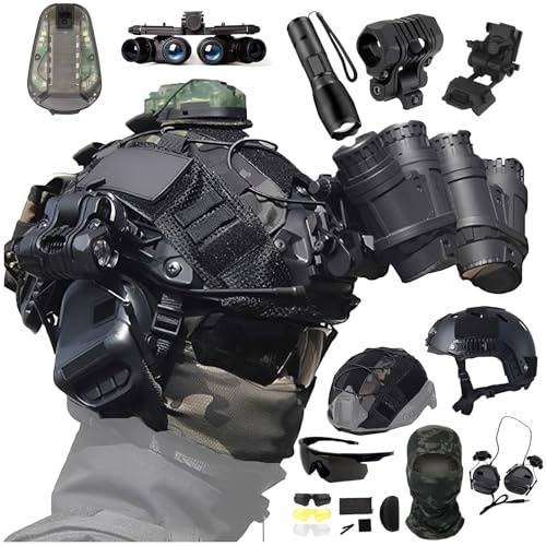 LZAQHMT Set Casco Tattico Per Softair Paintball Con Modello NVG, Cuffie Per Comunicazione, Occhiali, Torcia Elettrica, Luce Segnalazione E Copricasco - Equipaggiamento Protettivo(BK)