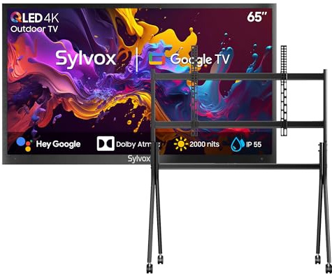 SYLVOX 65 TV da Esterno con Copertura & Supporto Televisore con Ruote, QLED 4K UHD 2000Nits, Smart Google Outdoor TV - IP55 Impermeabile, Dolby Audio, WiFi, Bluetooth (Pool Pro 2.0 QLED)