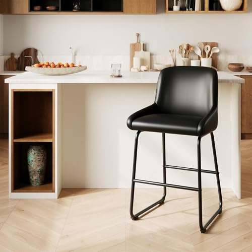 Garvee Bar Stühle Set Von 3, PU Leder Counter Höhe Bar Stühle Mit Rücken Und Fußlehne, Polsterbar Stühle Für Esszimmer Küche Insel,Schwarz
