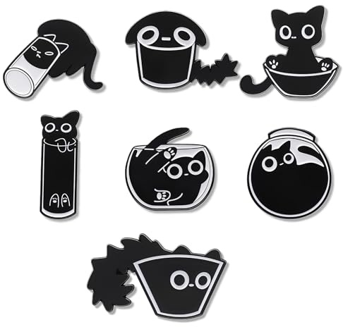 Ztolbriy Anstecker Pin Schwarze Katze Set, 7 Stück Niedliche & Verspielte Tier-Anstecker Emaille Pins für Frauen und Mädchen