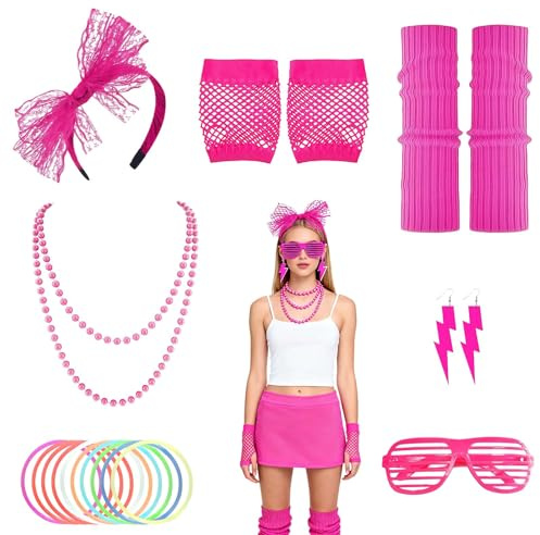 RAOPNHS 80er Jahre Outfit Damen 16-Teilig Neon Set, Karneval Kostüm Damen Mit Leuchtarmbändern, Beinwärmer, Netz-Handschuhe, Stirnband, Perlenkette & Brille Für Fasching Mottoparty Disco