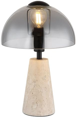 Tischlampe Travertine Stein grau Nachttischlampe Rauchglas Pilz Tischleuchte Wohnzimmerlampe, 1x E14, DxH 20 x 31 cm