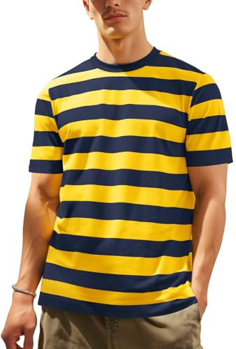 Zengjo Mens Striped T Shirt Short Sleeve Cotton Spandex Crew Neck Top Men