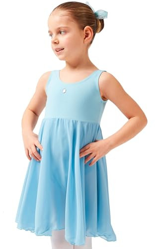 tanzmuster ® Ballettkleid Mädchen ärmellos - Helena - aus weichem Baumwollstoff mit Glitzerstein und Chiffon Röckchen fürs Kinder Ballett Ballettbody, hellblau, Größe:92/98