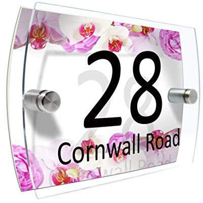 CS Printing House Number Sign Plaque Garden Glass Effect Acrylic Sign Door Plate Marble Wall Display 2 Part Branded Acrylic (Flowers border)
