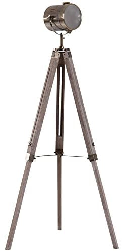HOMCOM Industrial Tripod Floor Lamp, Nautical Searchlight with Adjustable Height, Wood Legs, E14 Lamp Base for Living Room, Bedroom, Grey and Bronze