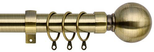 Plain Metal Ball Extendable Curtain Pole. Includes Pair Of Superior 60mm Size Finials, Rings, Brackets & Fittings Set. (Antique Brass, 160cm - 300cm, 63 Inch to 118 Inch)