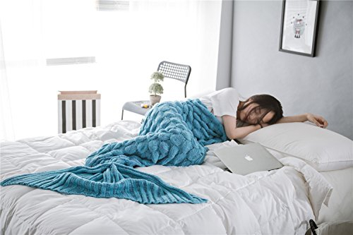 Handgemachte Kinderdecke Kuscheldecken Meerjungfrau Schwanz Decke Warm Gestrickte Bettdecke Sofa Steppdecke Häkeln Decke Kinder Eisblau 140cm