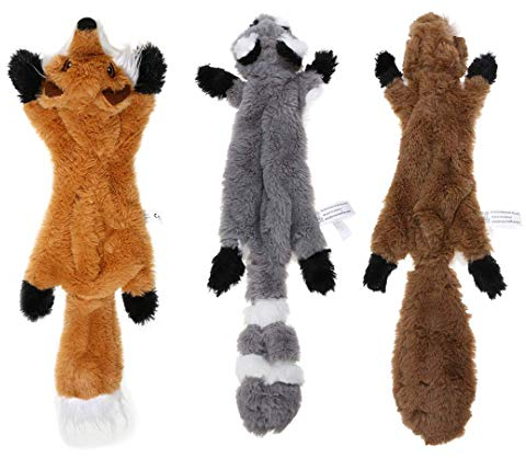 Lot de 3 jouets à mâcher sans rembourrage pour chien avec écureuil, raton laveur et renard - Jouets couineurs en peluche pour chiens de petite et moyenne taille - 46 cm