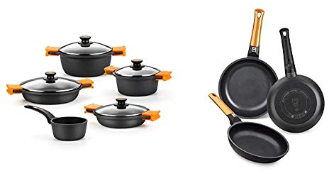 BRA Efficient - Batería 5 piezas, de aluminio fundido con antiadherente + Orange Set de 3 sartenes, aptas para Todo Tipo de cocinas, 20-24-28 cm
