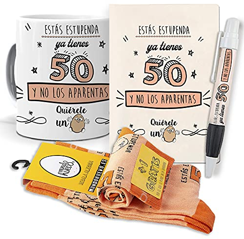 mundohuevo Super Regalo Personalizado para 50 cumpleaños Mujer. Ya Tienes 50 y no los aparentas. Taza, libreta, boli y Trio de Calcetines