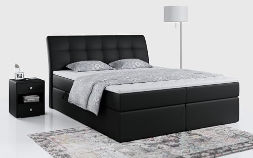 MKS MEBLE Boxspringbett 140x200 Schwarz Kunstleder, Bett mit Multipocket Matratze H3 und Topper, Polsterbett 140x200 mit Bettkasten und Kopfteil, DIEGOS Schwarz Kunstleder