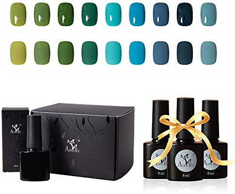 9 Farben Gel Nagellack Kit Set mit Base un Top Coat un Top Coat Matt, UV LED semipermanenter Gellack für Nagelstudio Maniküre Pediküre, Oliv - Gelb-Grün - Grün - Türkis - Petrol - Blau