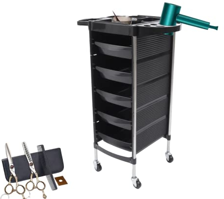 Friseurwagen 5 Schubladen Rollwagen Arbeitswagen Stapelboy Friseurboy Salon Trolleys Beautywagen Salonhilfe Friseur Bedienungswagen Schwarz