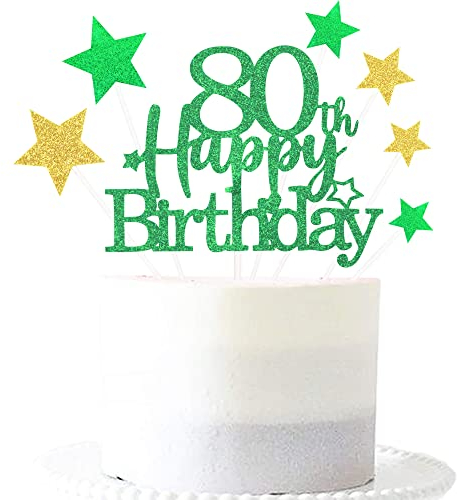 Glittery 80th Happy Birthday Cake Topper with Star,Personalised 80 Birthday Cake Toppers Party Decorations Party Supplies for Boys Girls Green Gold
