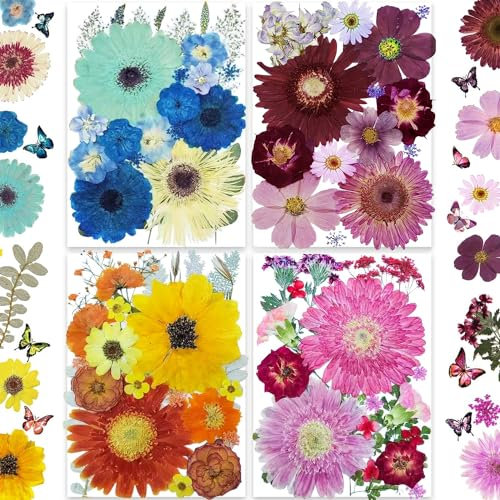 269 Stück getrocknete gepresste Blumen für Kunstharz-Bastelarbeiten – YouthBro Set aus echten Naturblumen mit Schmetterlingsaufklebern für DIY-Schmuck Iridescent