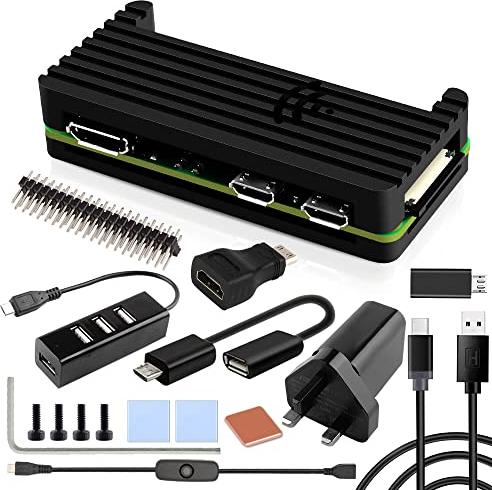 GeeekPi Raspberry Pi Zero 2 W Case Kit with Raspberry Pi Zero 2 W Aluminum Passive Cooling Case,QC3.0 Quick Charger Power Supply,Heatsink,20Pin GPIO Header,4 Port USB Hub,ON/Off Switch Cable (Black)