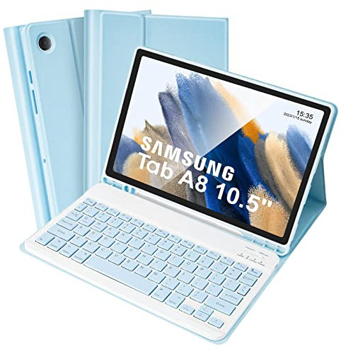 SOPPY Custodia per Tastiera Samsung Galaxy Tab A8, UK QWERTY, Custodia con Tastiera Rimovibile per Samsung Galaxy Tab A8 10,5 2022/2021 (SM-X200/X205/X207), Azzurro