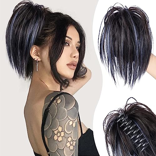 Colorfulpanda 26cm Pferdeschwanz mit Klammer Glatt Kurz Clip in Claw Haargummi Haarteil Ponytail Natürliches Kunsthaar Haar Haarverlängerunge Unordentlich DuttOmbre Blau für Damen Mädchen