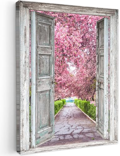 MuchoWow© Leinwand 50x70 cm Deko Schlafzimmer Aesthetic Leinwandbilder Wohnzimmer Gemälde Foto Geschenk Living Room Decoration Sakura - Fensterblick - Baum - Kirschblüte