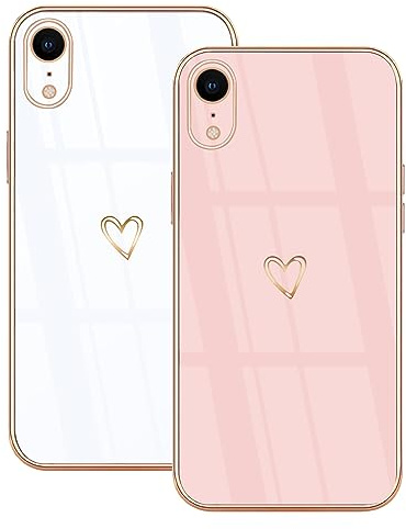 Lonrapa 2 Stück iPhone XR Handyhülle Süße Herz Muster Motiv Hülle für Mädchen Frauen Farbe Galvanisierte Weich TPU Bumper Silikon Stoßfest Schutzhülle iPhone xr Phone Case Cover - Weiß & Rosa