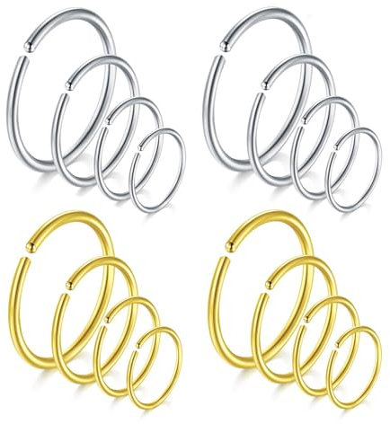 Ryaupy Ensemble de 16 Faux Anneaux de Nez en Acier Inoxydable de Différentes Tailles - Bijoux de Piercing pour Nez, Lèvre, Tragus et Hélix, Convient aux Femmes et aux Hommes, 6/8/10/12 mm (Or, Argent)