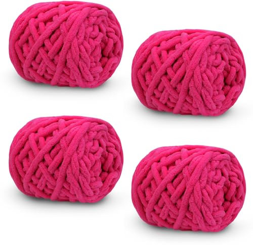 Uiopa Pelote de Laine 4 x 100g, Fil Crochet Grosse Laine à Tricoter à La Main, Laine Douce au Crochet pour Couvertures, Pulls, Écharpes, Chapeaux, Bricolage (Rose Rouge)