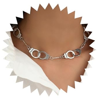 Wendalern Punk Choker Necklace - Silver Handcuffs Pendant, Interlocking Chain Collarbone Statement Jewelry for Women and Girls