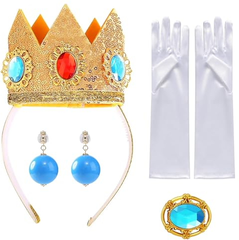 SALADOCY 4 Pcs Cosplay Prinzessin Kostüm Zubehör Enthält Krone Brosche Ohrringe Handschuhe Geeignet für Cosplay Weihnachten Halloween Neujahr Geburtstagsparty Mädchen Dress up