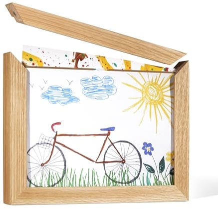 Wave Brands Bilderrahmen Kinderzeichnungen A4 | magnetischer Echtholz Wechselbilderrahmen für bis zu 100 Kinderbilder | BILDWECHSEL - genial einfach zum Befüllen I Echtholz Eiche natur geölt