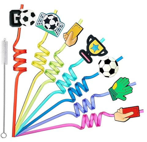 14 Pièces Pailles Décoratives de Football, Pailles en Plastique Réutilisables, Pailles de Fête Pailles Spirales Décorations Fournitures de Fête d'anniversaire des Enfants, avec 2 Brosse