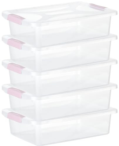 Engelland - 5 x Aufbewahrungsbox mit Deckel und Verschluss-Clips, rosa-transparent, 6 Liter, flach, Plastik-Box, stapelbar, stabil, BPA-frei, lebensmittelecht