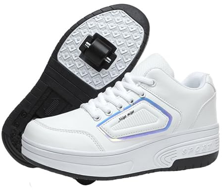 Mateju Schuhe mit Rollen für Jungen Mädchen, Kinder Rollschuhe Schuhe mit Rollen, Mode Outdoor Turnschuhe Versenkbarer, 2-in-1 Roller Schuhe Turnschuhe Skateboardschuhe 39 EU Weiß