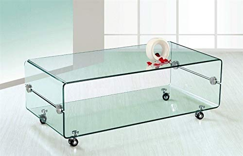 MAESTRO FERRETERO MF- Mesa Auxiliar Modelo Melbourne Baja, Fabricada íntegramente de Cristal Curvado de 12 mm, Ruedas, 120x60 cm - Diseño Modero y Funcional