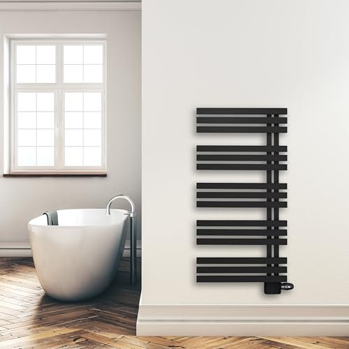 Design Badheizkörper Paneel mit Anschluss links oder rechts | Heizkörper mit versetztem Mittelanschluss (Schwarz, 1200 x 600 mm)